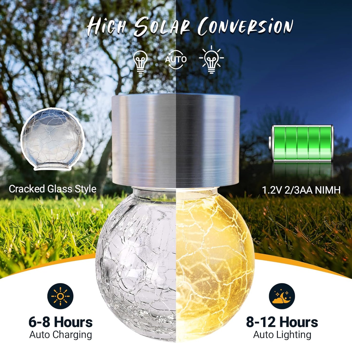GIGALUMI 8 Pack Solar Outdoor Hanging Lights - Warm White LED, Water Resistant, Glass, Rechargeable Battery