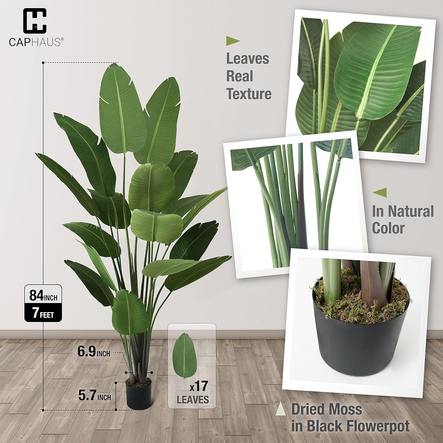 CAPHAUS 7 Feet Artificial Bird of Paradise, 84 Inch with 17 Trunks, Premium UV Resistant Lifelike Fake Plant in Pot with Dried Moss for Office, Indoor/Outdoor Use & Tropical Home Décor