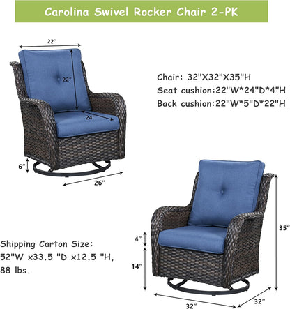 Outdoor Patio Swivel Rocker Chairs - Single Wicker Rattan Patio Swivel Rocking Chair with High Back,Deep Seating and Comfort Cushions for Deck Porch Garden,Brown/Blue