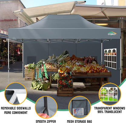 COBIZI 10x15 Pop up Canopy Heavy Duty Without Sidewalls, Easy Set-up Commercial Outdoor Party Canopy, 100% Waterproof Wedding Gazebo, 3 Height Adjustable with Handbag, Gray