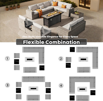 ovios 13 Pieces Patio Furniture Set, Outdoor Wicker Sectional Sofa with 54 Inch Fire Pit Table Comfy Cushions, Modern Modular Deep Seat Rattan Couch Conversation Set, Beige