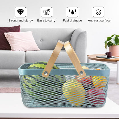 Portable Garden Harvest Basket-Mesh Design Natural Bamboo Handle Wire Storage Baskets,Mesh Basket with Handle Organize Items Reduce Space Occupation,Suitable for Kitchen,Garden,Picnic(Blue)