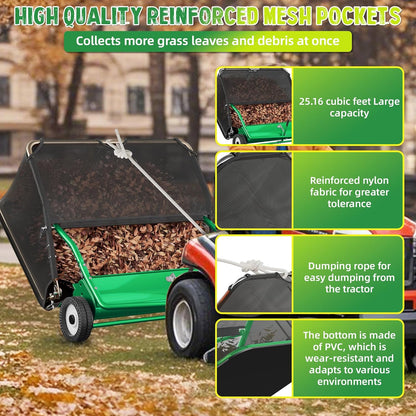 48" Lawn Sweeper Tow Behind - Pull Behind Grass Catcher with 25.16 cu. ft Large Hopper, Heavy Duty Leaf & Grass Collector, Adjustable Brush Height Lever and Dumping Rope, Lawn and Yard Cleanup Tool