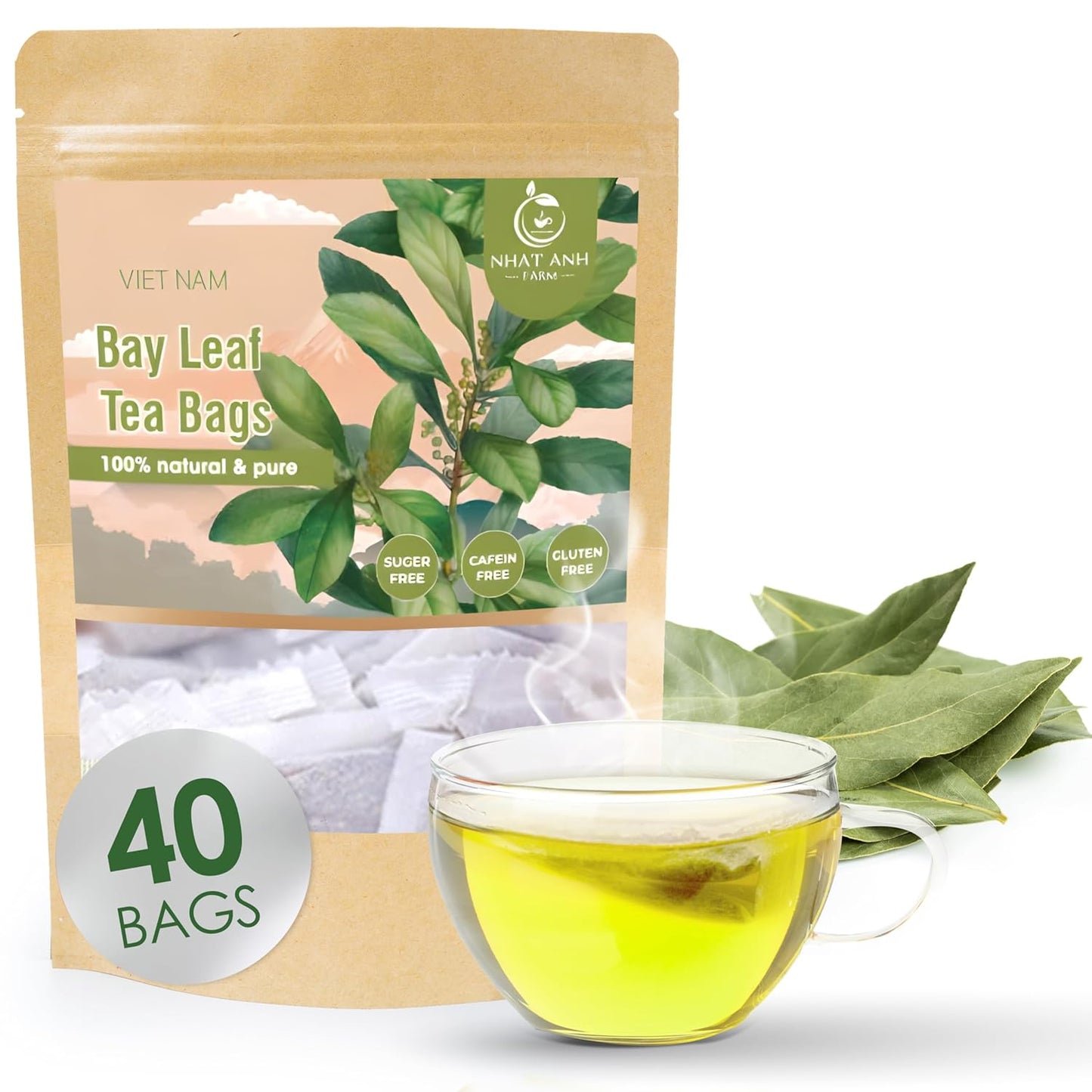 NHAT ANH FARM - Premium Bay Leaf Tea Bags, 40 Tea Bags, 100% Natural Dried Bay Leaf, Naturally Sweet Herbal Tea, Sugar-Free, Caffeine-Free, No Additives.