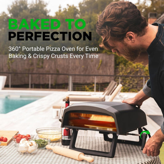 Nutrichef Outdoor Pizza Oven - Manual 360° Rotating Pizza Stone - Adjustable Heat - Includes Pizza Peel, Pizza Cutter, Stone, Cover, & Hose - Cook 12" Pizza in 60 Seconds - Long Handle