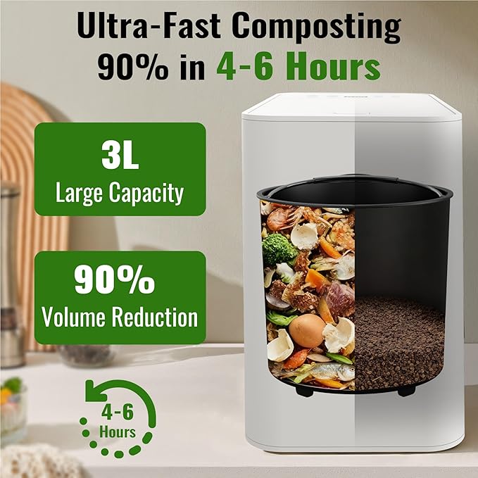 MERIOR 3L Electric Composter for Kitchen, Smart Compost Bin for Countertop, Auto-Cleaning/Odor-Free/LED Display, Turn Kitchen Waste to Dry Compost Fertilizer, Indoor/Outdoor Compost Machine