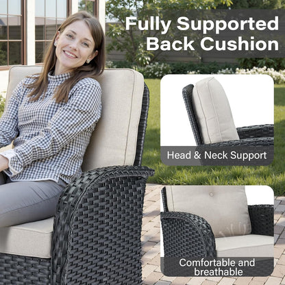 5 Piece Outdoor Patio Furniture Set with 50000 BTU Propane Fire Pit Table, Deep Seating Wicker Swivel Rocker Chairs and Loveseat Glider Patio Conversation Set for Poolside Deck Backyard Black