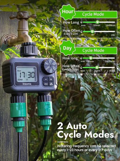 Insoma 2-Zone Sprinkler Timer, Programmable Garden Hose Timer with Auto/Manual/Rain Delay Modes | Water-Saving Irrigation Controller for Lawn, Yard & Drip Systems | Waterproof Design & Easy Setup