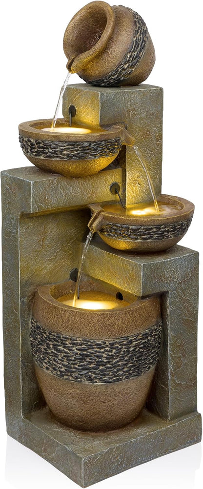 Alpine Corporation TVH244 39" Outdoor 4-Tier Cascading Pots Water Fountain with LED Lights – Freestanding Garden Water Feature for Patios, Yards, and Landscaping, Gray