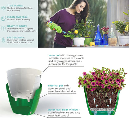 Santino ASTI 7.1 Inch Self Watering Planter Menthol/White for Indoor Plants - Premium Quality Modern Plastic Pot w/Water Level Indicator for All House Herbs, Plants, African Violets and Dahlias