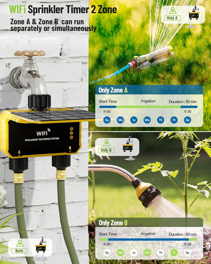 Smart WiFi Water Timer 2 Zone No Need Gateway, Solar WiFi Sprinkler Valve Timer for Garden Hose APP & Remote Control Alexa & Google Voice Compatible,Rain Delay, Manual Mode Sprinkler System
