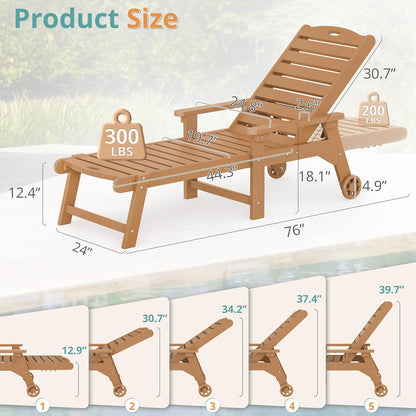 LUE BONA Outdoor Chaise Lounge Chairs Set of 4, HDPS Chaise Lounger, 5 Positions Adjustable Lounge Chairs, Pool Lounge Chair with Wheels for Poolside, 3 Year Warranty, Teak Color