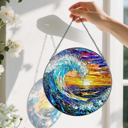 Stained Glass Window Hanging, Pauyadu 8 Inch Sea Waves Stained Glass Suncatcher, Sunset on The Beach Window Decor, Gift for Beach Lovers, Natural Gifts, Christmas, Mother's Day, Housewarming Gifts