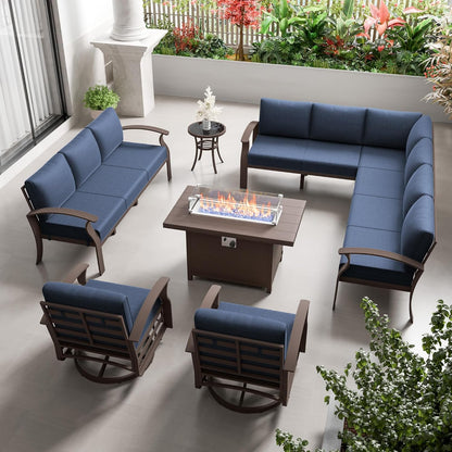 Aluminum Patio Furniture Set with Fire Pit Table, 11 Seats Outdoor Patio Conversation Set with Swivel Chair Modern Metal Patio Sectional Sofa with Coffee Table for Patio, Backyard(Navy Blue).