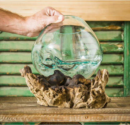 Cape Craftsmen 10" H Hand-Blown Blue Tinted Bubble Glass On Natural Teak Driftwood Terrarium | Home Décor Indoor Planter with Stand | Pot for Succulent and Plants
