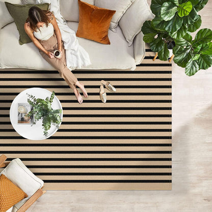 IOHOUZE Striped Area Rug 4'x6' Front Door Rugs Washable Area Rug for Double Front Porch, Large Patio Rug Outdoor Indoor, Doormat for Entryway Porch Entrance, Tan/Black
