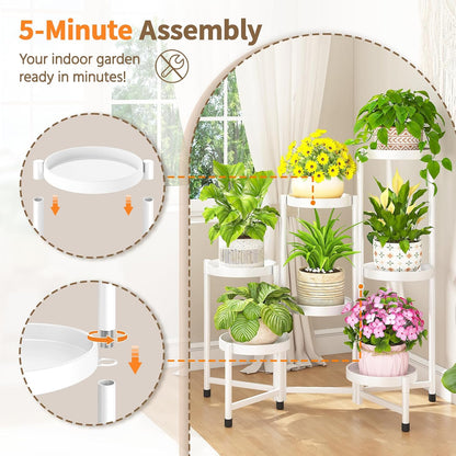 LASZOLA 7 Tiered Folding Plant Stand Indoor for Multiple Large Planter, Tall Heavy Duty Adjustable Rack with Rust Proof 10 Inch Wide Tray, Sturdy Vertical Tree Organizer for Narrow Inside Floor, White