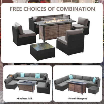 25-Pc Patio Furniture Set - 7 Piece Outdoor Rattan Sofa Set with 57" Fire Table and 17 Accessories, Modular Sofa Set for Garden/Poolside, Grey/Black