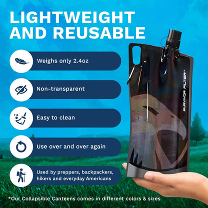 Survivor Filter Collapsible Water Bottles, Canteens (32oz) 2 Pack (2L Total) - Durable Carabiners and Handles. Squeeze Water through a Filter or Use as Water Bottles