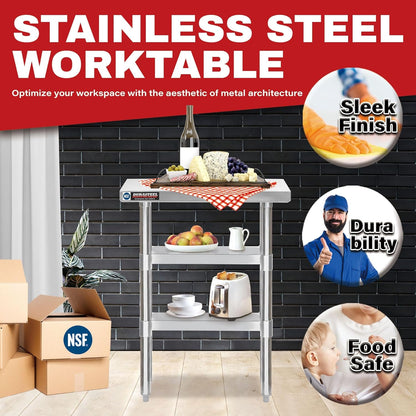 DuraSteel Food Prep Stainless Steel Table - 30 x 12 Inch Commercial Metal Workbench with Adjustable Under Shelf - NSF Certified - for Restaurant, Warehouse, Home, Kitchen, Garage