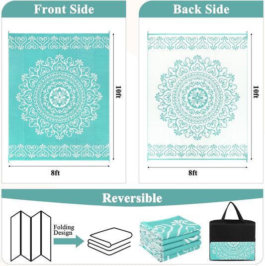Pauwer Waterproof Outdoor Rug 8x10, Reversible Plastic Straw Patio Camping Rug, Indoor Outdoor RV Mat Carpet for Deck, Camper, Porch, Balcony, Backyard, Picnic, Floral Light Blue