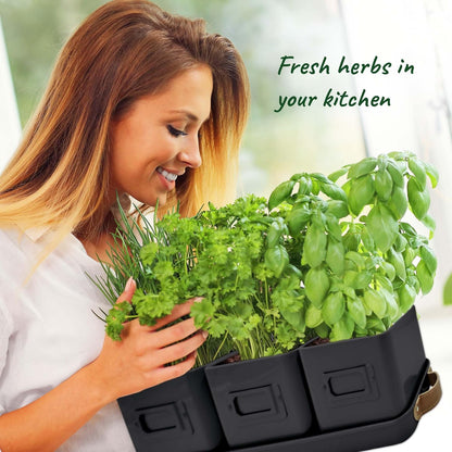 Herb Planter Indoor - Set of 3 Black Indoor Herb Garden Pots for Plants with Leather Handled Tray - Window Sill Plant Shelf - Pots with Drainage Holes and Labels