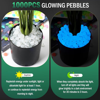 Glow in The Dark Rocks Outdoor Decorative Stones, 1000 PCS White Glows Blue Small Luminous Pebbles for Garden Walkway Fish Tank Aquarium Planter Vase Filler