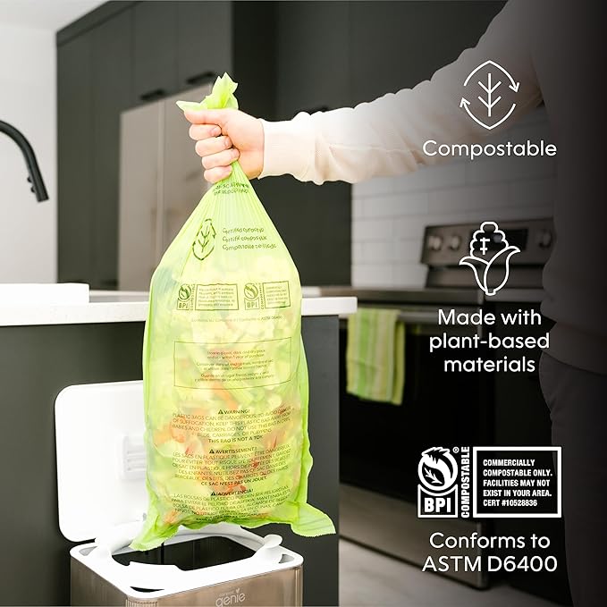 Kitchen Compost Bin, Black Stainless-Steel Large, 3.6 Gallon, Indoor Odorless Composting, Hands-Free, Washable Parts, Includes 8 Tear-Off Compostable Bags and 1 Carbon Filter