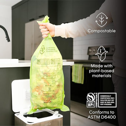 Kitchen Compost Bin, White Stainless-Steel Large, 3.6 Gallon, Indoor Odorless Composting, Hands-Free, Washable Parts, Includes 8 Tear-Off Compostable Bags and 1 Carbon Filter