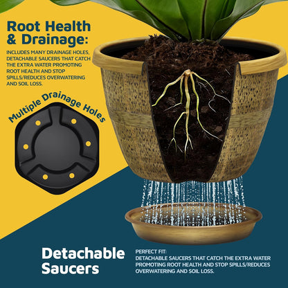 10-Inch Whiskey Barrel Planters Outdoor Pack of 5 - Durable Plastic Plant Pots for Indoor & Outdoor Use with Drainage & Saucer, Lightweight Rustic Barrel Planters for Flowers, Herbs & Small Plants