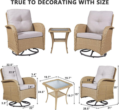 HUMMUH Swivel Patio Chair 3 Piece PE Wicker Patio Furniture Set with Rocking Chairs and Side Table Outdoor Bistro Set for Porch,Garden,Deck,Poolside