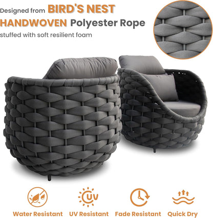 Aluminum Outdoor Seating Set: 5 Pieces Woven Rope Patio Furniture Conversation Set - Modern Deck Loveseat Set Cushioned - Assembled Metal Porch Lounge Set for Yard Garden Lanai Hotel, Dark Grey