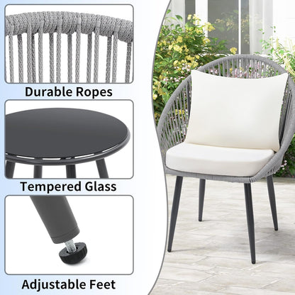 3 Pieces Bistro Set, Woven Rope Chair with Cushions, All Weather Patio Conversation Set and Side Table, Ideal for Deck, Balcony, Poolside, Grey