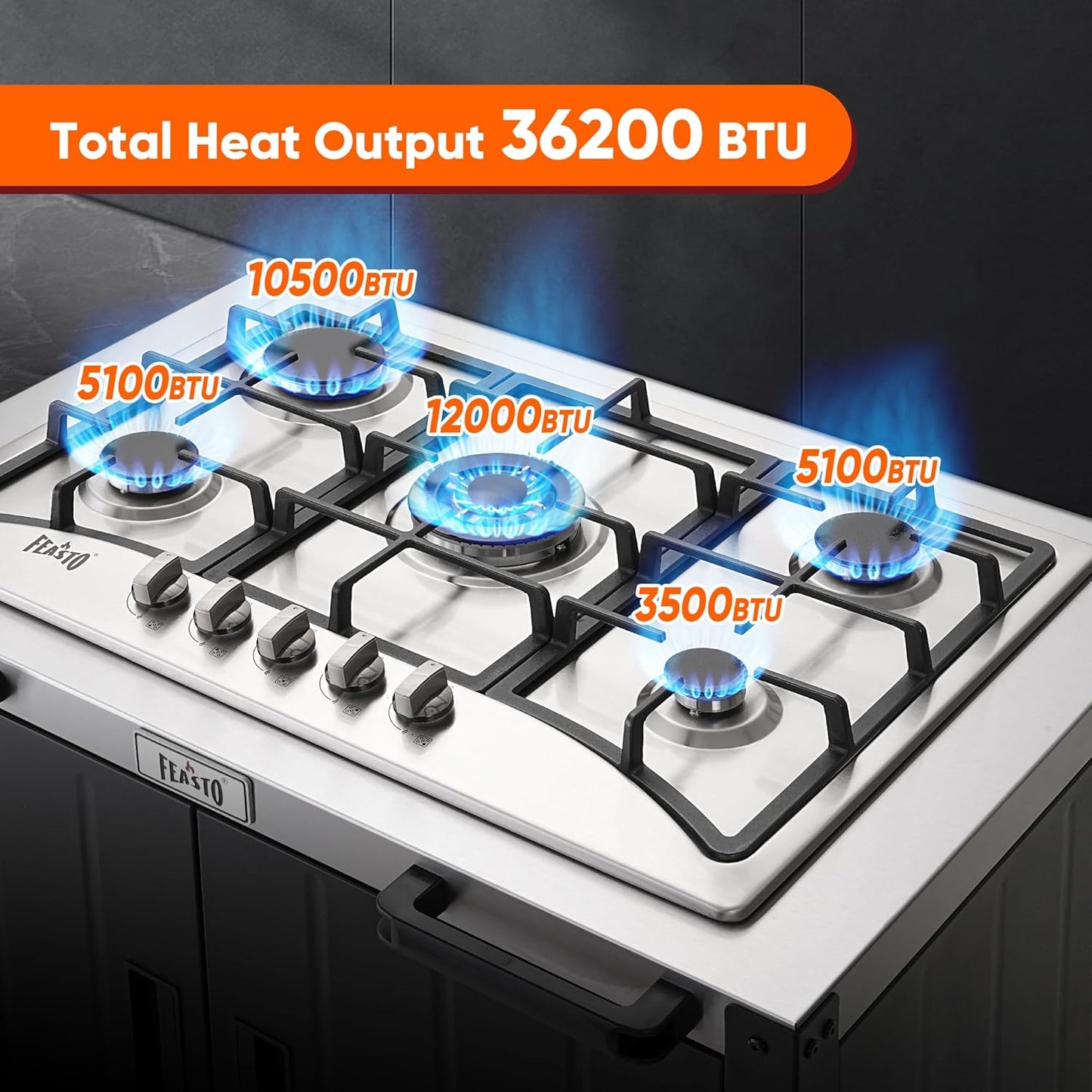 Gas Grill, Movable Outdoor Gas Stove Stainless Steel Top with Cabinet, 5 Burners with 36,200 BTUs, Outdoor Propane Grill for Outdoor Cooking, Ideal for Lawn & Garden, L35.4” x W24”