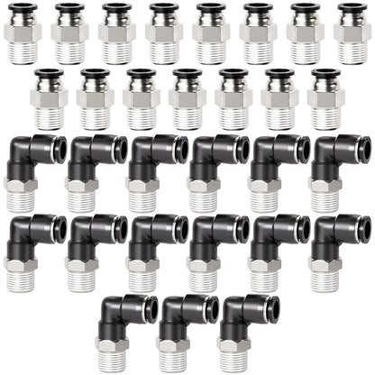 TAILONZ PNEUMATIC Elbow and Straight Combination 1/4 Inch Tube OD x 1/8 Inch NPT Thread Push to Connect Fittings PC-1/4-N1+PL-1/4-N1(Pack of 30)