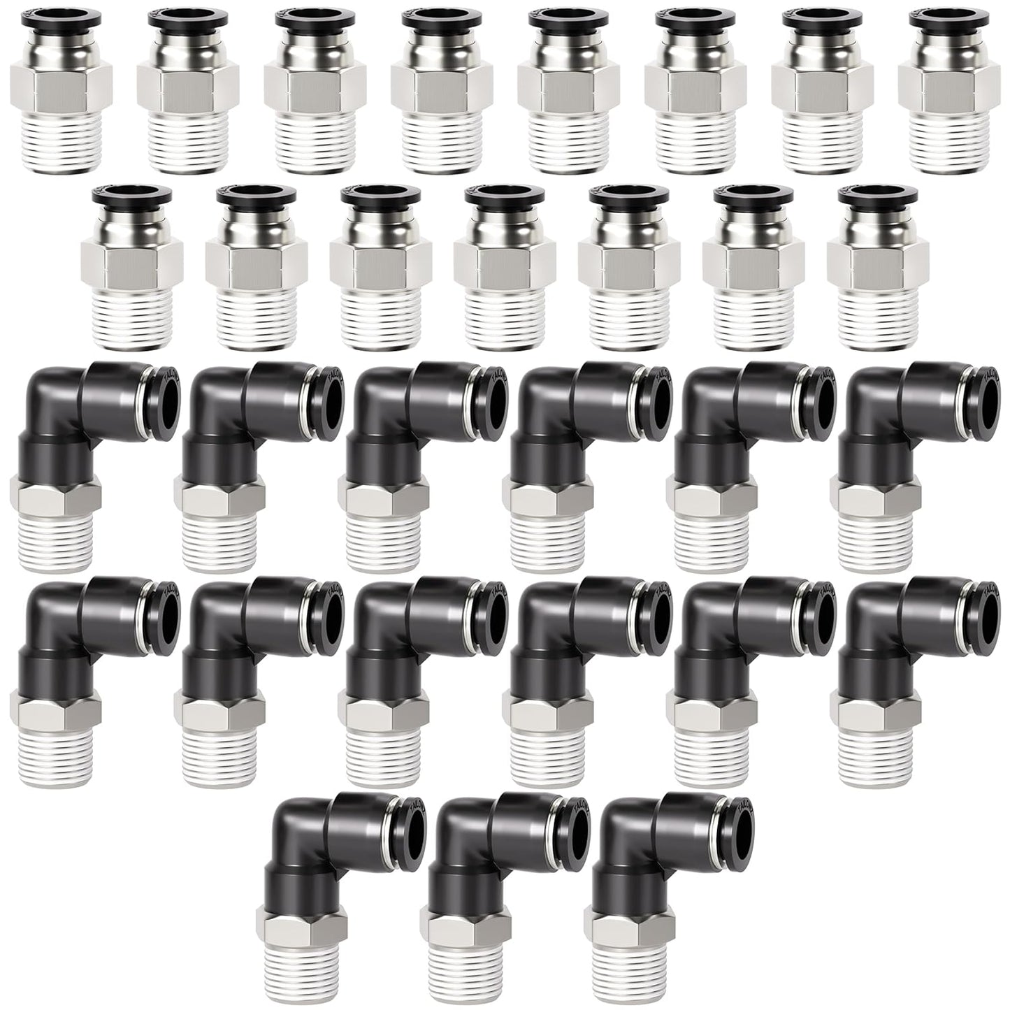 TAILONZ PNEUMATIC Elbow and Straight Combination 1/4 Inch Tube OD x 1/4 Inch NPT Thread Push to Connect Fittings PC-1/4-N2+PL-1/4-N2(Pack of 30)