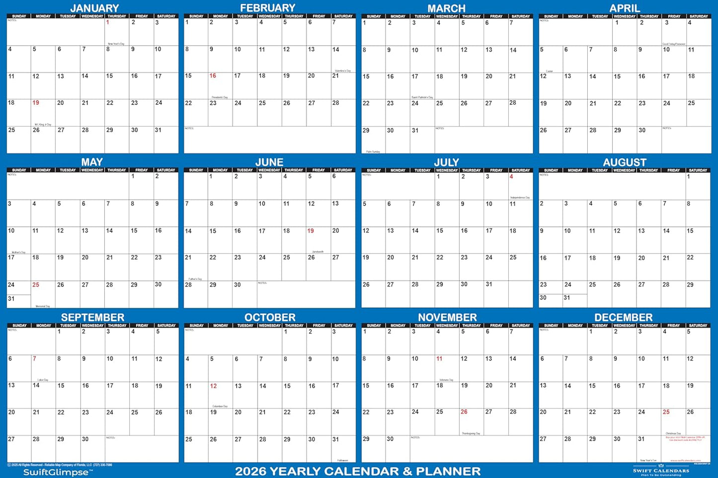 24" x 36" SwiftGlimpse 2026 Paper Folded Wall Calendar Large 12 Month Annual Yearly Wall Planner, Reversible, Horizontal/Vertical, Navy
