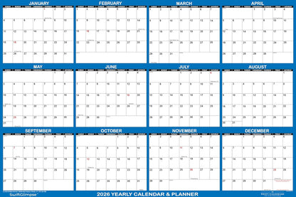 24" x 36" SwiftGlimpse 2026 Paper Folded Wall Calendar Large 12 Month Annual Yearly Wall Planner, Reversible, Horizontal/Vertical, Navy