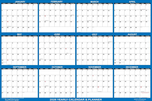24" x 36" SwiftGlimpse 2026 Paper Folded Wall Calendar Large 12 Month Annual Yearly Wall Planner, Reversible, Horizontal/Vertical, Navy