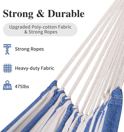SUNCREAT Large Hammocks for Outside, Long Replacement Hammock Two Person for Stand, Blue White Stripes