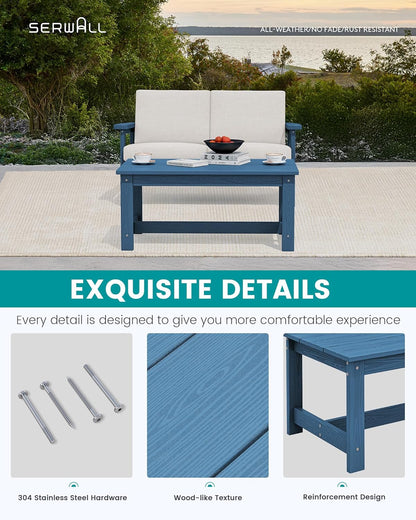 SERWALL HDPE Outdoor Coffee Table, All-Weather Patio Coffee Table, Rectangle Adirondack Outdoor Table Fits with Outdoor Sectional Couch for Outside Deck Porch Lawn, 37.8" x 22.8", Blue