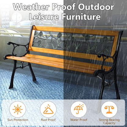 S AFSTAR Outdoor Garden Bench, Outside Porch Loveseat with Rose Cast Backrest & Stable Metal Legs, 2-3 Person Park Bench, Weather Proof Outdoor Bench for Patio Garden Backyard Poolside