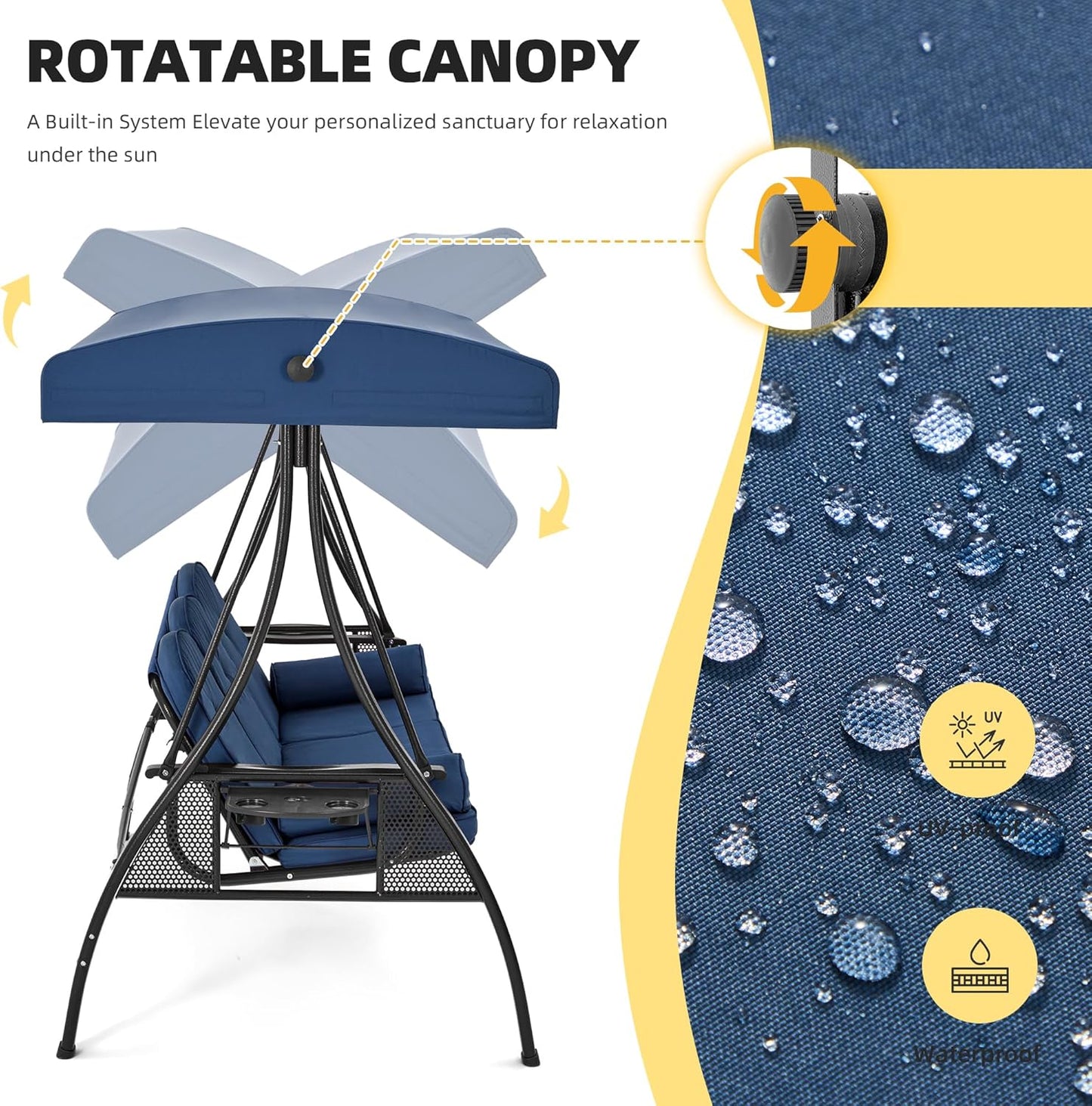 HOMREST 3 Person Outdoor Porch Swing with 1.5" Upgraded Cup Holder, Adjustable Canopy, Backrest, Patio Swing Bed with Weather Resistant Steel Frame, Cushions for Garden,Deck and Poolside(Blue)