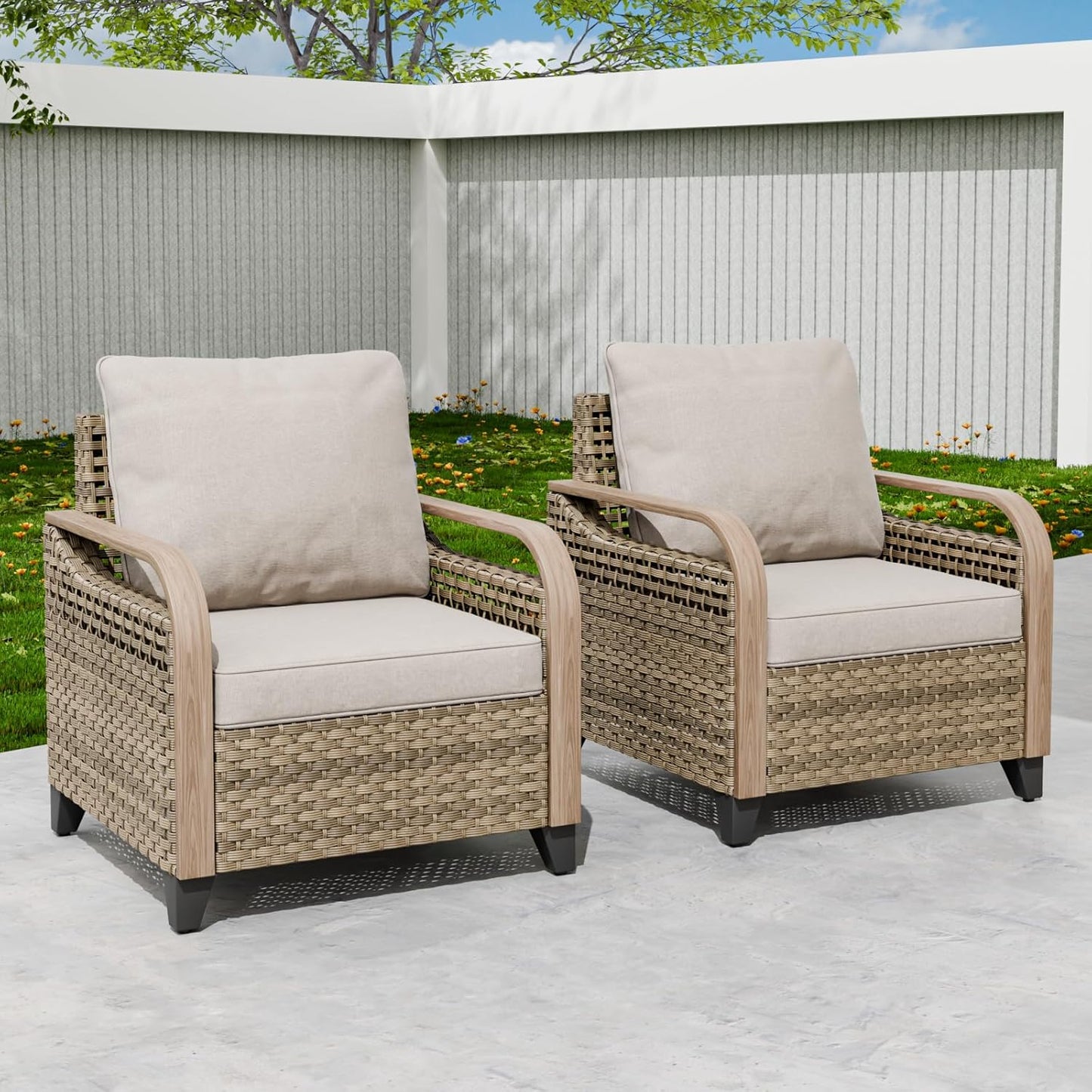 EAGLE PEAK Modern Wicker Outdoor Chair, Patio Chair Curved Armrest, Rattan Patio Furniture for Yard Deck Porch Garden, 2 Chairs, Brown/Gray
