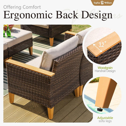 Sophia & William Patio Furniture Set, 10 Piece Half Moon Outdoor Wicker Sectional Sofa Set, High Back Rattan Conversation Set with Ottoman for Backyard, Deck, Pool(Beige)