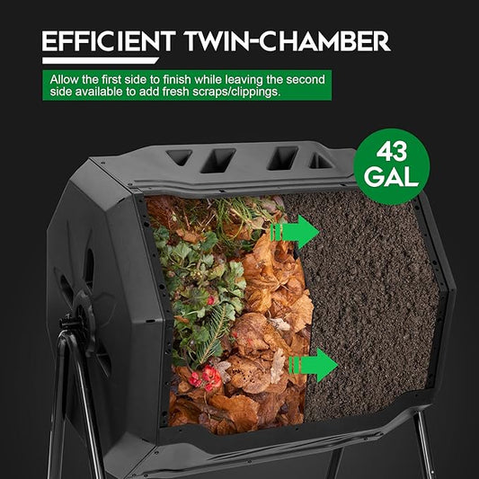 F2C Compost Bin Outdoor 43 Gallon Garden Dual Chamber Composter Bin - Bundled with Pearson's Gardening Gloves, BPA Free, Heavy-Duty Steel Frame, Rotating Tumbler with Sliding Doors -Black