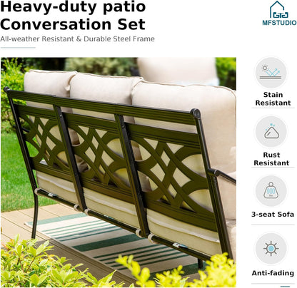 MFSTUDIO 5 Seats Large Metal Patio Conversation Sets, 4 Pieces Outdoor Patio Furniture Sofa with 2 Motion Chairs, 1 3-seat Sofa and Table for Outside Balcony Backyard Poolside