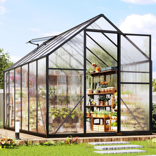 Jocisland 6x12x6.3 FT Polycarbonate Greenhouse for Outdoors with 2 Windows, Dual Swing Doors, Aluminum Walk-in Frame, Heavy Duty Garden Greenhouse for Backyard, Black