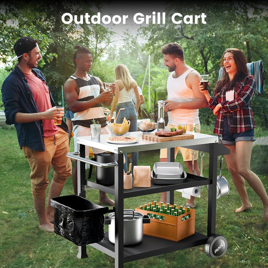NUUK 3-Shelf Grill Cart with Stainless Steel Top – 20" x 32" Mobile Outdoor Kitchen Table for Pizza Oven, Food Prep, and Dining – Worktable with Wheels,