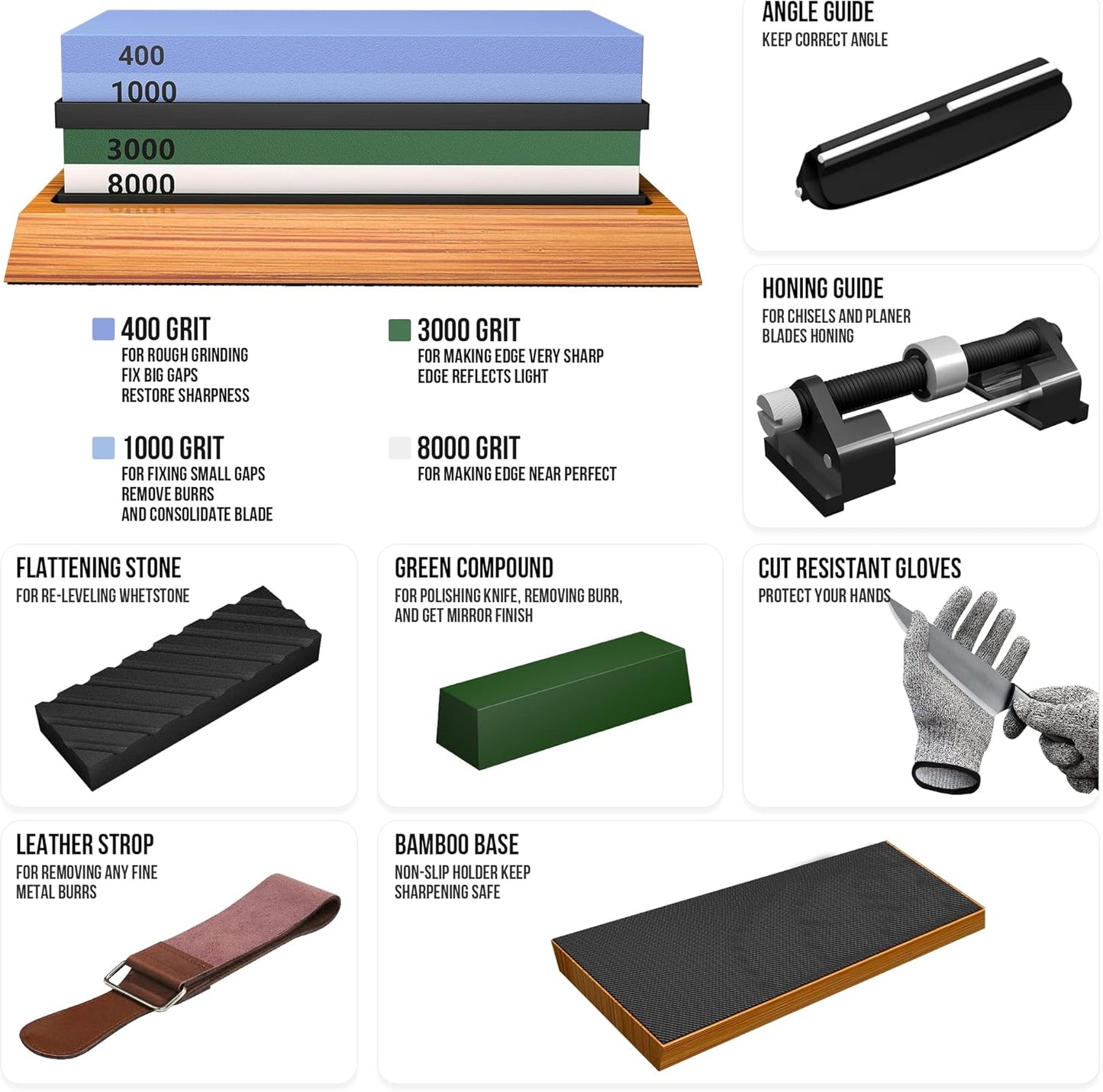 Knife Sharpening Stone Set - Premium 4 Side Grit 400/1000 3000/8000 Whetstone Sharpener Kit - Non-Slip Bamboo Base,Cut Resistant Gloves, Angle Guide,Flatting Stone,Honing Guide,Leather Strop